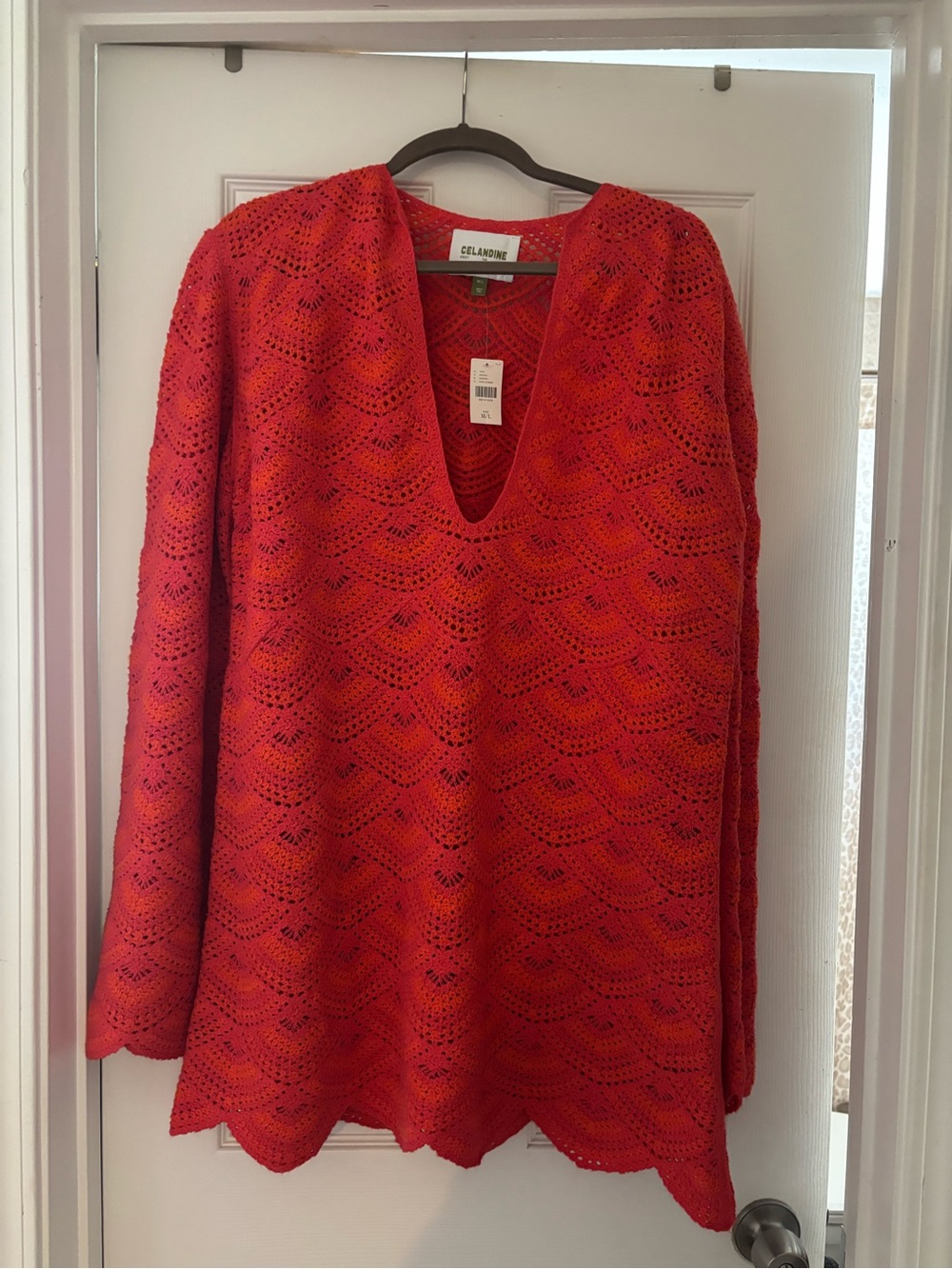 Celandine Pink-Red V-Neck Openwork Swim Coverup